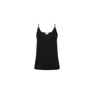 The Gabriella Silk Camisole is a sleek black piece with thin spaghetti straps, perfect for layering, shown against a plain white background.