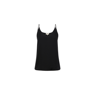 The Gabriella Silk Camisole, a sleek black top featuring a classic sleeveless design with thin shoulder straps, is displayed on a plain white background. This elegant silk camisole is the perfect layering piece for any wardrobe.