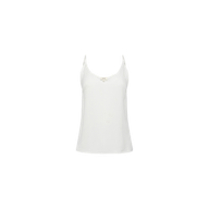 Gabriella Silk Camisole: An elegant ivory, sleeveless camisole with thin spaghetti straps, shown against a plain white background. Its simple, minimalist design and slightly loose fit make it the perfect layering piece for any wardrobe.