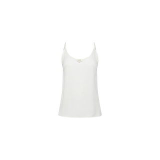 Gabriella Silk Camisole: An elegant ivory, sleeveless camisole with thin spaghetti straps, shown against a plain white background. Its simple, minimalist design and slightly loose fit make it the perfect layering piece for any wardrobe.