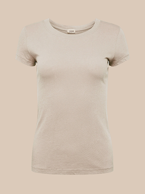 The Cory Cotton Scoopneck Tee is a womens slim fit, short-sleeve taupe shirt, shown on a neutral beige background.