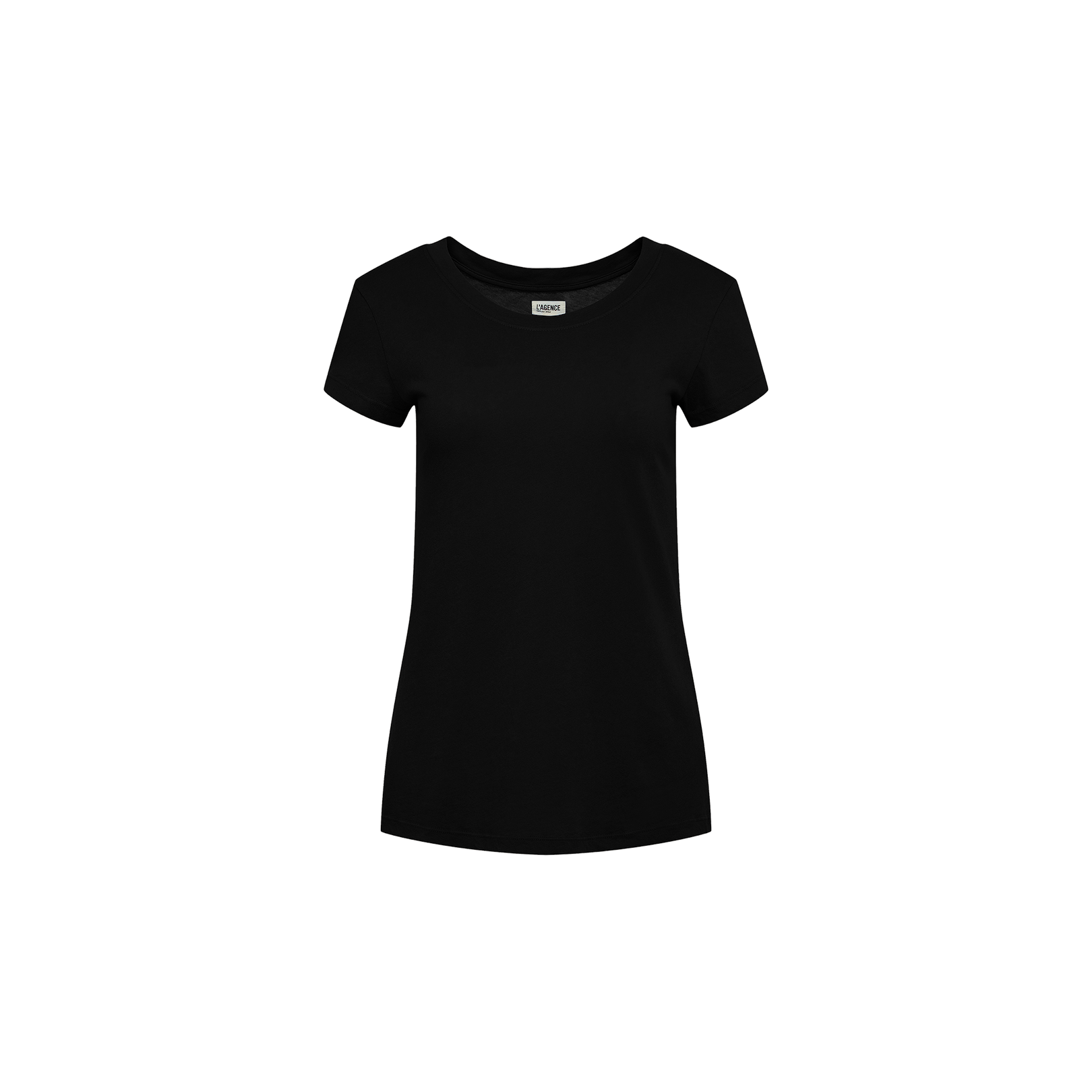 The Cory Cotton Scoopneck Tee, an ultra-soft black short-sleeve women’s T-shirt, is shown against a white background.