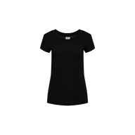 The Cory Cotton Scoopneck Tee, an ultra-soft black short-sleeve women’s T-shirt, is shown against a white background.