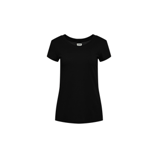 The Cory Cotton Scoopneck Tee, an ultra-soft black short-sleeve women’s T-shirt, is shown against a white background.
