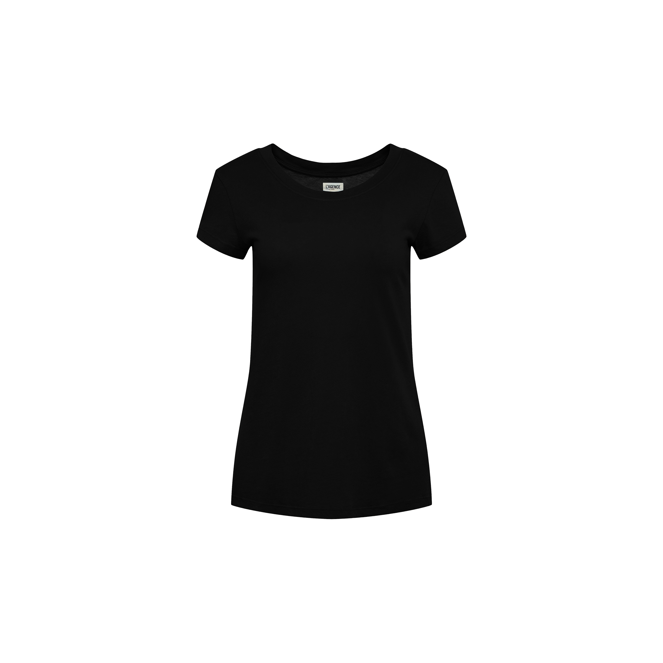 The Cory Cotton Scoopneck Tee, an ultra-soft black short-sleeve women’s T-shirt, is shown against a white background.