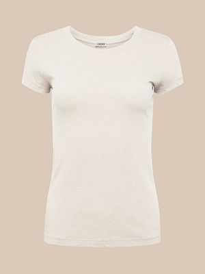 The Cory Cotton Scoopneck Tee is an ultra-soft, fitted short-sleeve shirt in vintage off-white with a scoop neckline, displayed on a beige background without patterns or logos.