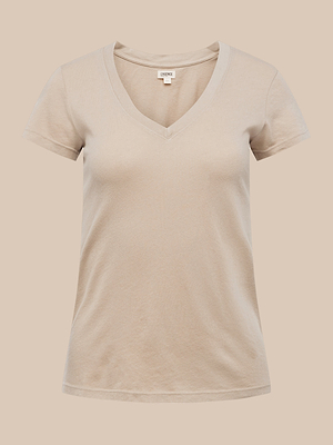 Becca Cotton V-Neck Tee in beige, slim fit, shown on a plain matching background. Simple, fitted, and unadorned for a casual basic style.