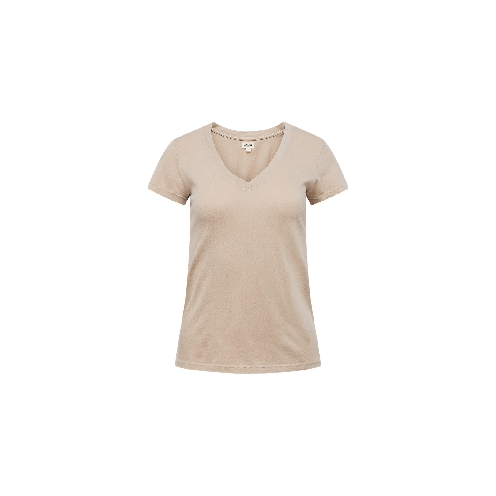 Becca Cotton V-Neck Tee in taupe, shown from the front on a plain white background. This short-sleeve T-shirt features a classic V-neckline and offers effortless everyday style in a flattering beige shade.