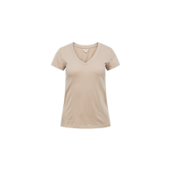 Becca Cotton V-Neck Tee in taupe, shown from the front on a plain white background. This short-sleeve T-shirt features a classic V-neckline and offers effortless everyday style in a flattering beige shade.