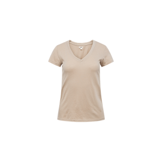 Becca Cotton V-Neck Tee in taupe, shown from the front on a plain white background. This short-sleeve T-shirt features a classic V-neckline and offers effortless everyday style in a flattering beige shade.