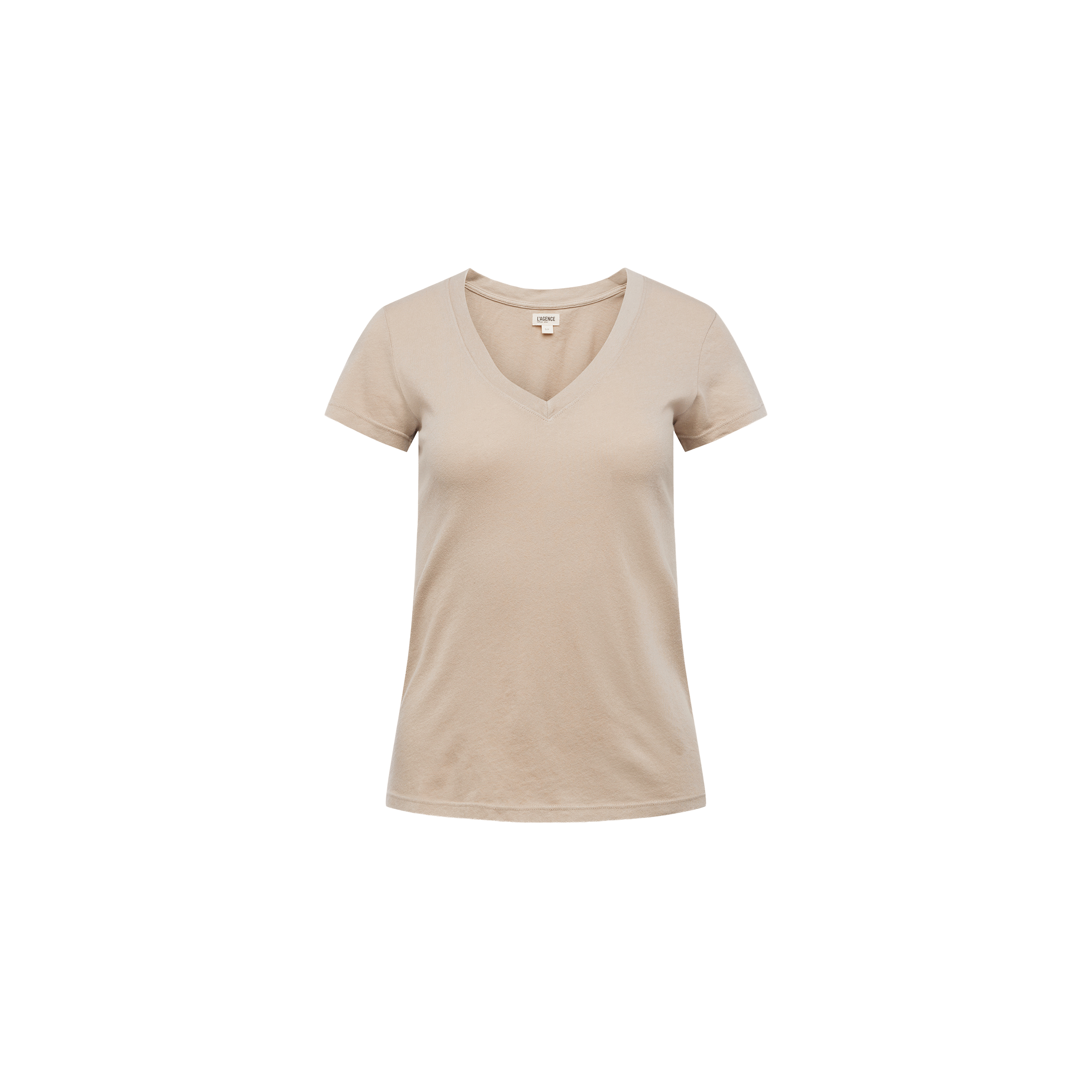 Becca Cotton V-Neck Tee in taupe, shown from the front on a plain white background. This short-sleeve T-shirt features a classic V-neckline and offers effortless everyday style in a flattering beige shade.