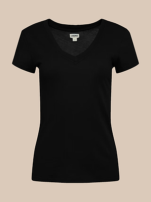 The Becca Cotton V-Neck Tee is a plain black, 100 cotton short-sleeve t-shirt, showcased against a light beige background.