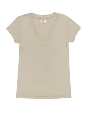 The Becca Cotton V-Neck Tee, a beige short-sleeve t-shirt with a classic cut and V-neckline, is laid flat on a white background.