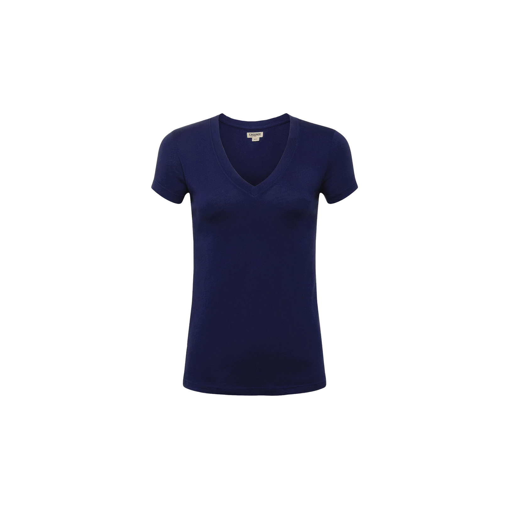 A Cory Cotton Scoopneck Tee for women, featuring short sleeves and a plain navy blue design crafted from ultra-soft cotton, is centered on a white background.
