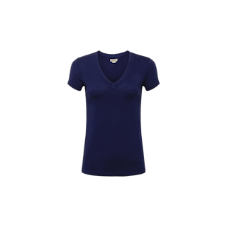 A Cory Cotton Scoopneck Tee for women, featuring short sleeves and a plain navy blue design crafted from ultra-soft cotton, is centered on a white background.
