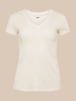 The Becca Cotton V-Neck Tee, a vintage off-white short-sleeve top made from 100 cotton, is shown against a light beige background.