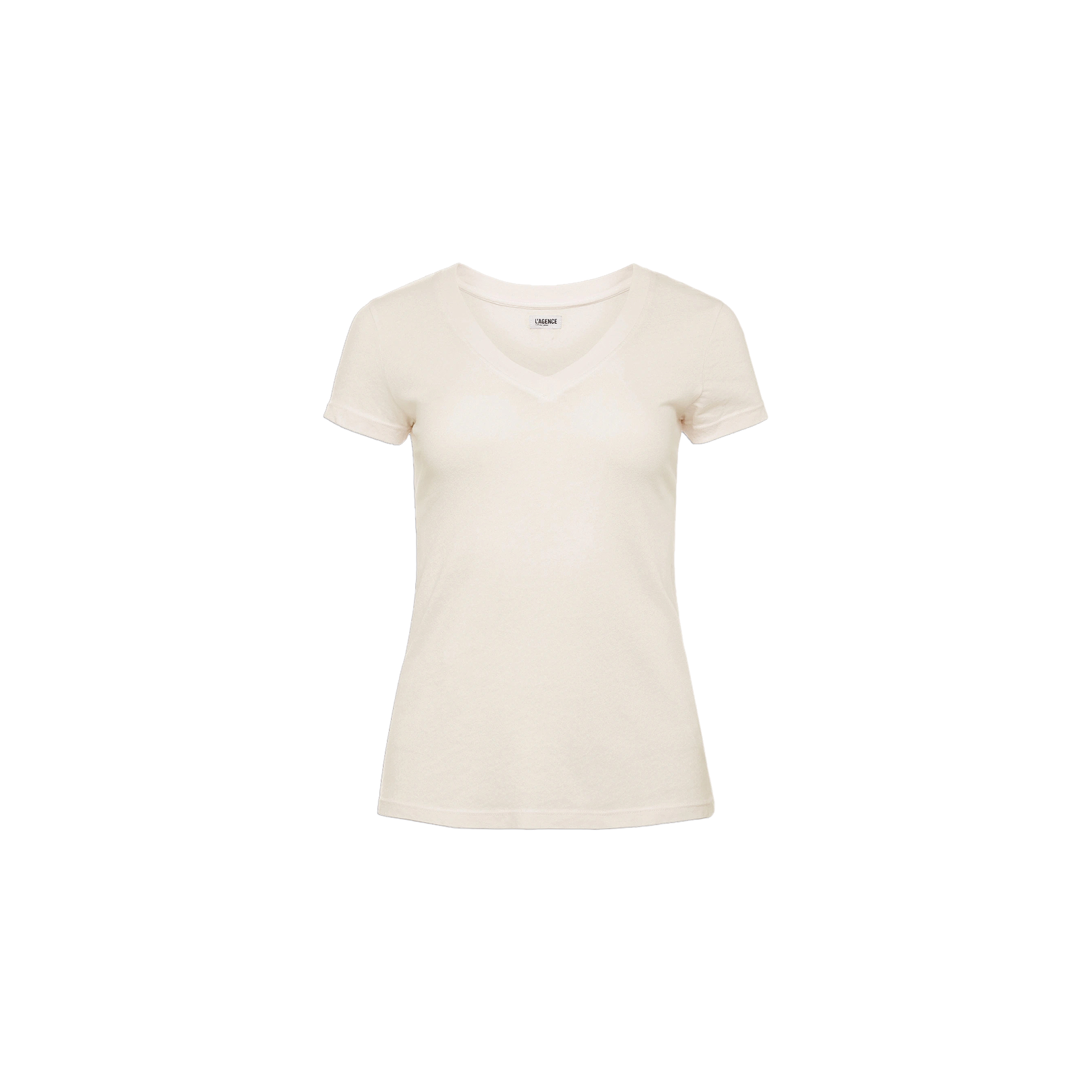 The Becca Cotton V-Neck Tee, a women’s vintage off-white top crafted from 100 cotton, is displayed against a white background.