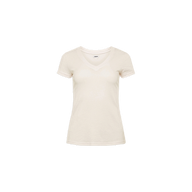 The Becca Cotton V-Neck Tee, a women’s vintage off-white top crafted from 100 cotton, is displayed against a white background.
