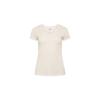 The Becca Cotton V-Neck Tee, a women’s vintage off-white top crafted from 100 cotton, is displayed against a white background.