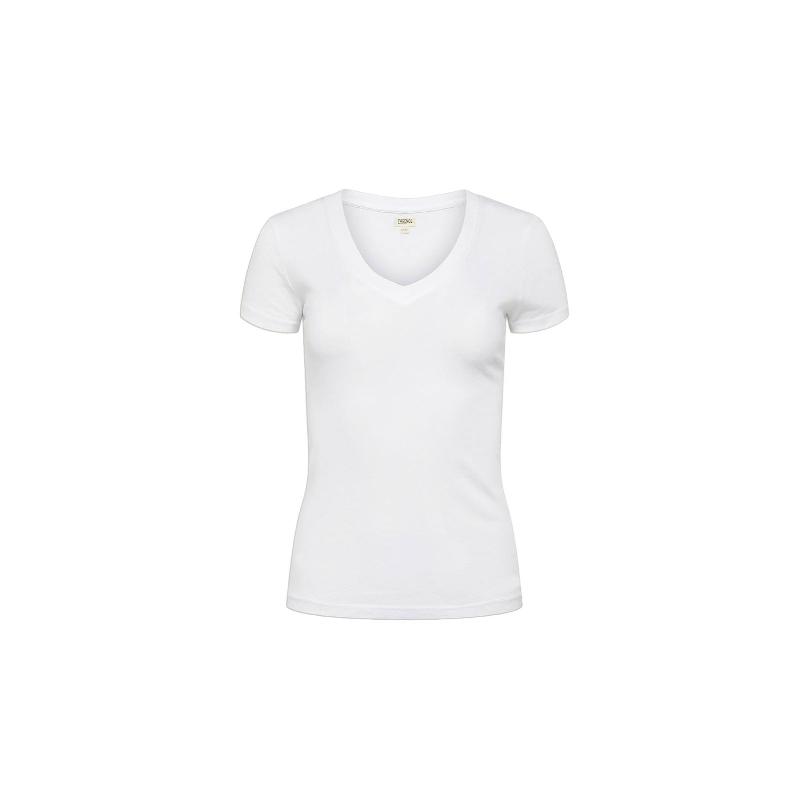 The Becca Cotton V-Neck Tee is a women’s short-sleeve, 100 cotton, plain white t-shirt shown on a white background.