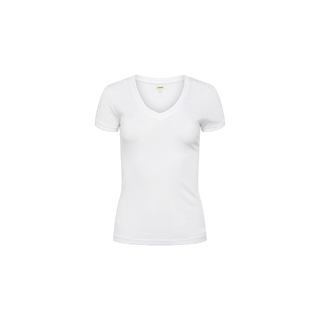 The Becca Cotton V-Neck Tee is a women’s short-sleeve, 100 cotton, plain white t-shirt shown on a white background.