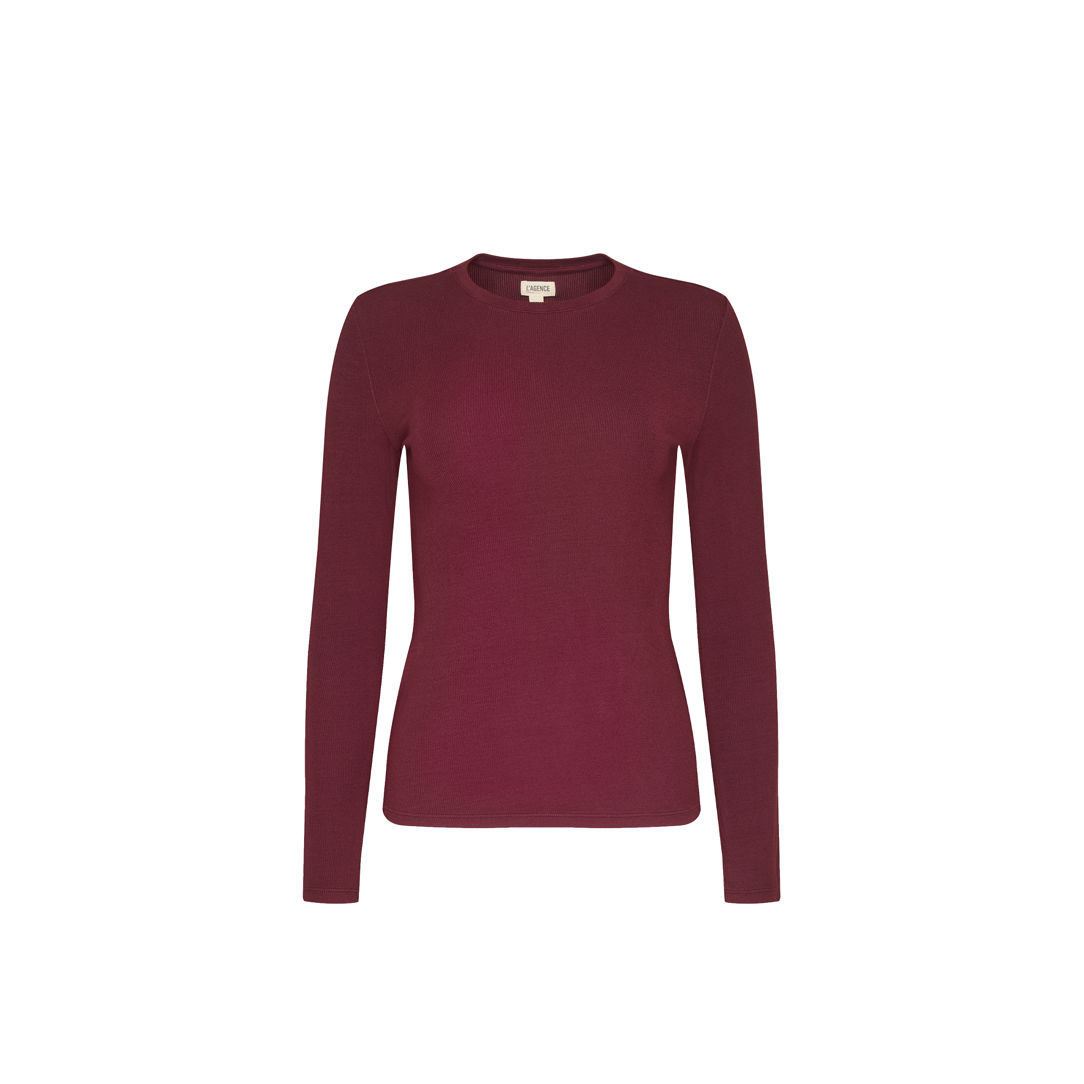Tess Long Sleeve Tee in burgundy, featuring a slim-fit, long-sleeve crewneck design in stretch jersey.