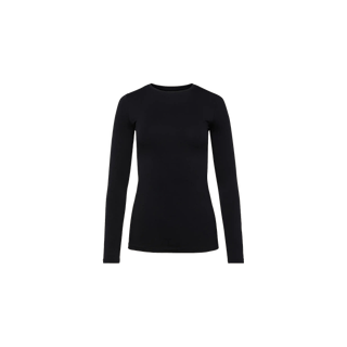 The Tess Long Sleeve Tee is a luxe microfiber, black crew neck with long sleeves, shown against a white background.
