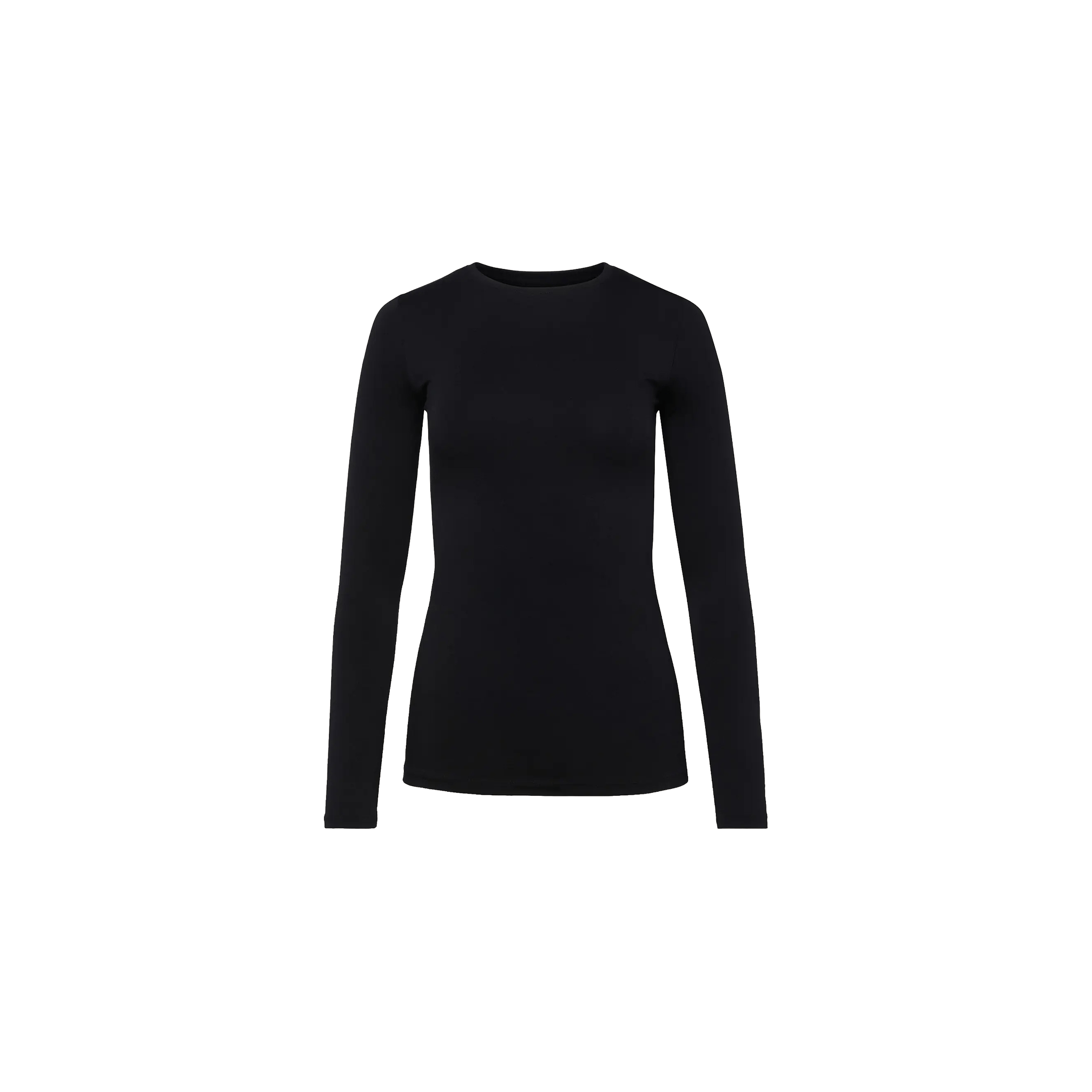 The Tess Long Sleeve Tee is a black long-sleeve crew neck top made from soft microfiber fabric, shown from the front on a white background with no visible logos or designs.