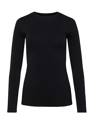 The Tess Long Sleeve Tee for women, featuring a plain black color and crew neck design made from luxe microfiber, is shown on a white background.