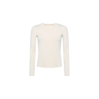 The Tess Long Sleeve Tee, a vintage white top featuring a classic crew neck and slim fit, is displayed against a white background to highlight its timeless simplicity.