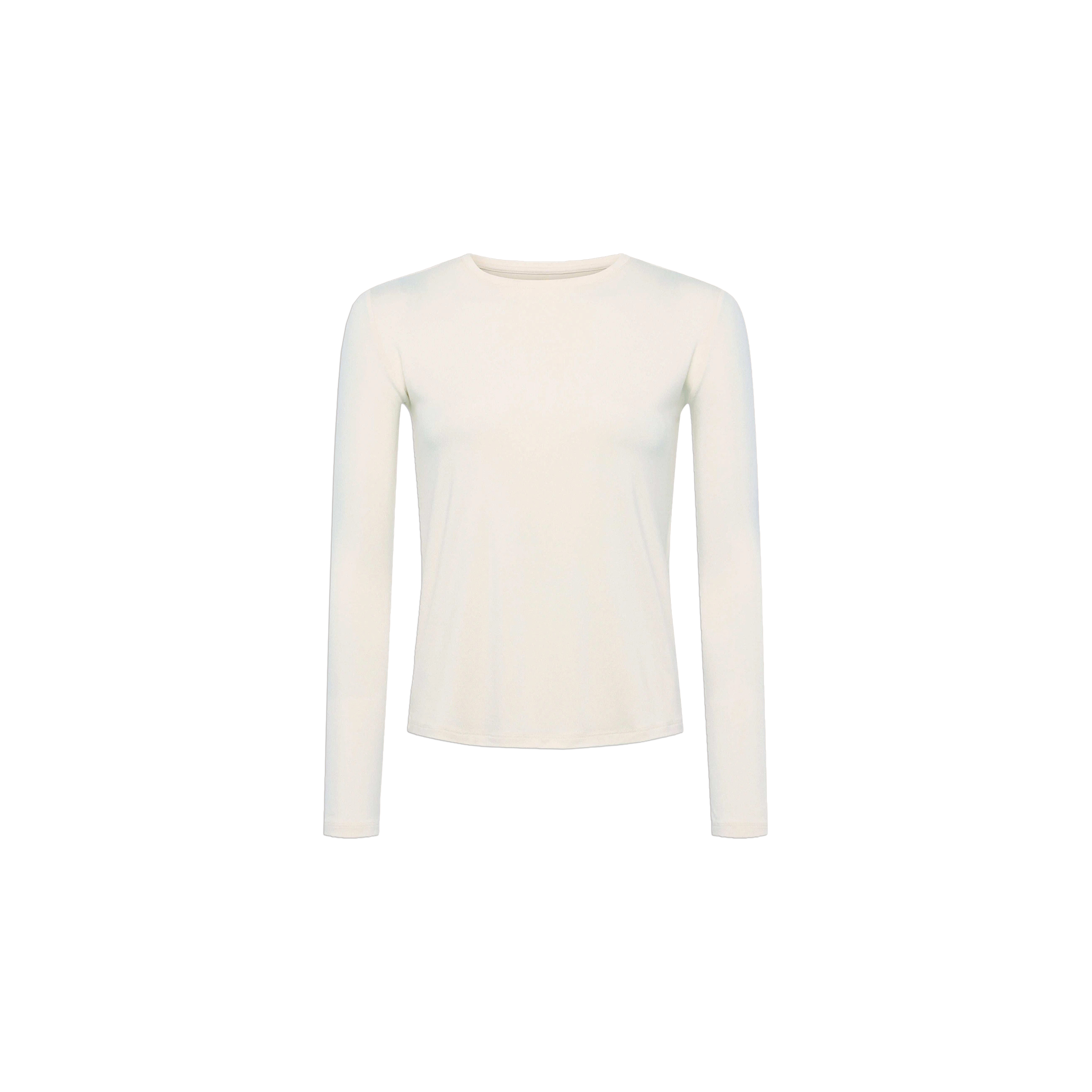 Introducing the Tess Long Sleeve Tee—a slim fit, long sleeve top crafted from soft rayon jersey, featuring a classic crew neck in plain white, beautifully showcased against a white background.