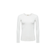 The Tess Long Sleeve Tee is a slim-fit crew neck top in plain white, crafted from soft microfiber jersey and perfect as a versatile layering piece, shown against a white background.
