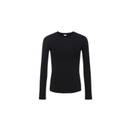 The Tess Long Sleeve Tee is displayed against a white background. Crafted from soft, ribbed micro modal, this plain black top features a crew neckline and a slim, streamlined fit with no visible logos or patterns.