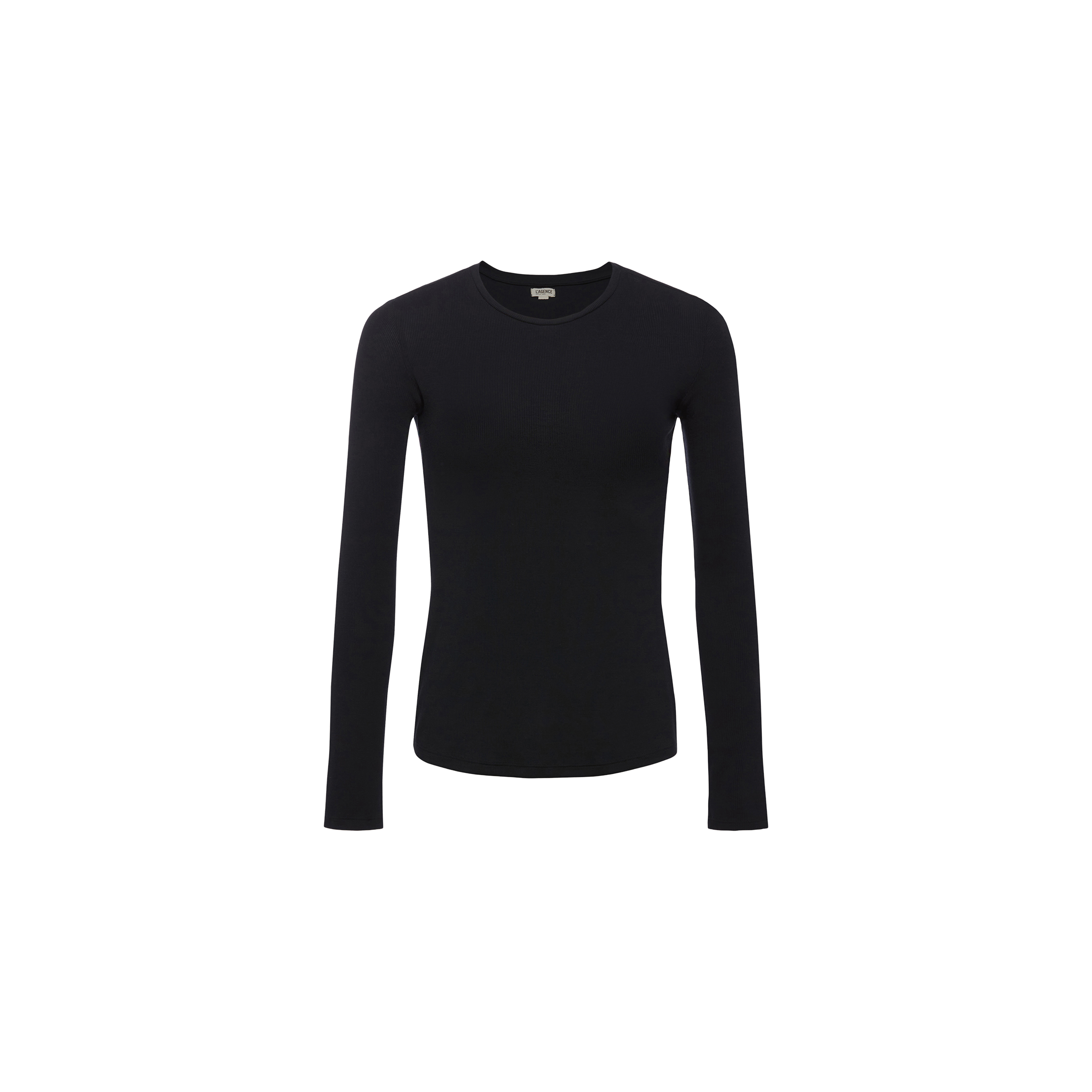 The Tess Long Sleeve Tee is displayed against a white background. Crafted from soft, ribbed micro modal, this plain black top features a crew neckline and a slim, streamlined fit with no visible logos or patterns.