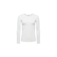 The Tess Long Sleeve Tee, shown against a white background, is a slim-fit top in plain white with long sleeves and a matching crew neck. Made from ribbed micro modal, it delivers a sleek and comfortable silhouette.