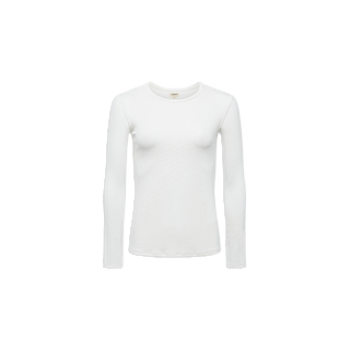 Introducing the Tess Long Sleeve Tee: a slim-fit, plain white top featuring long sleeves and a classic crew neck, crafted from ribbed micro modal. Displayed on a white background and shown from the front.