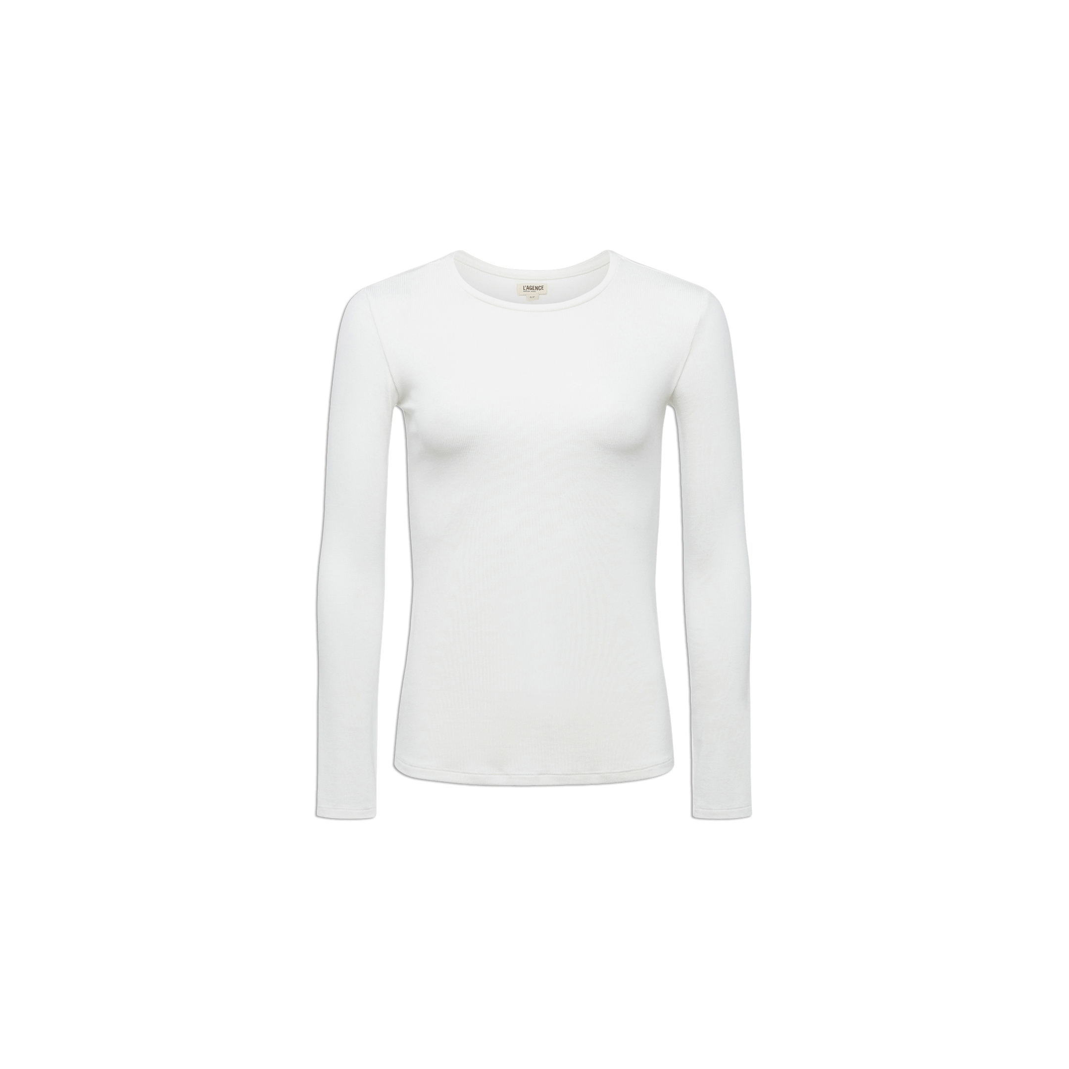 The Tess Long Sleeve Tee, shown against a white background, is a slim-fit top in plain white with long sleeves and a matching crew neck. Made from ribbed micro modal, it delivers a sleek and comfortable silhouette.