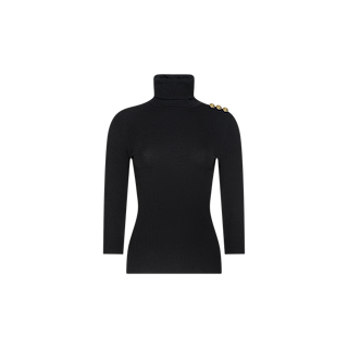 Aja Turtleneck — a black long-sleeve top crafted from soft modal fabric, featuring three gold buttons on the left shoulder and displayed against a plain white background.