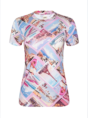 The Ressi Fitted Tee is a bestselling short-sleeved top made from stretch jersey, featuring vintage postcard prints in pastel pink, blue, and white that showcase scenic locations and landmarks.