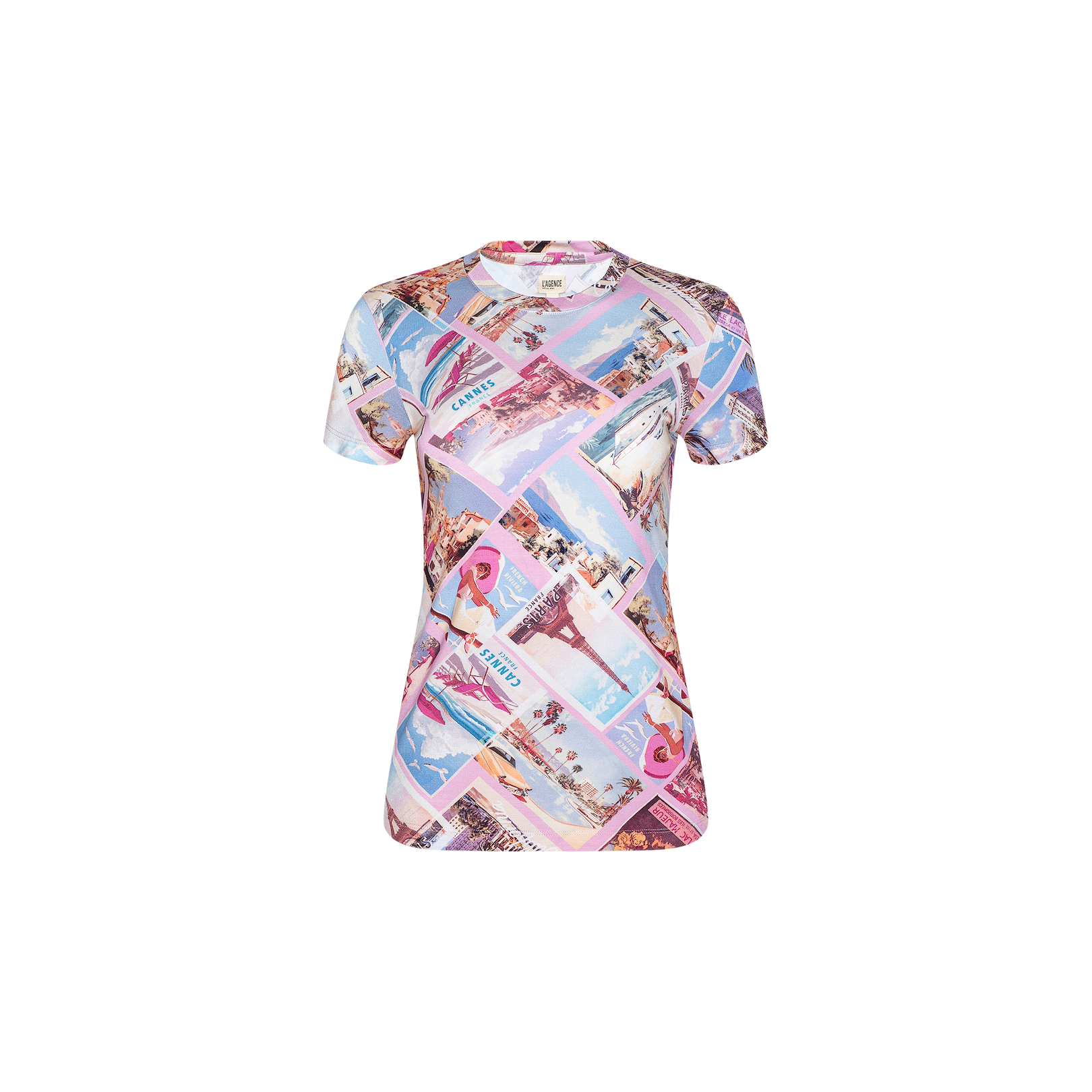 The Ressi Fitted Tee features a colorful collage of vintage-style postcards in shades of pink, blue, and purple with scenic beach and travel images. Crafted from soft stretch jersey for all-day comfort, this bestselling short-sleeve T-shirt is displayed on a plain white background.