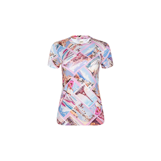 The Ressi Fitted Tee features a colorful collage of vintage-style postcards in shades of pink, blue, and purple with scenic beach and travel images. Crafted from soft stretch jersey for all-day comfort, this bestselling short-sleeve T-shirt is displayed on a plain white background.