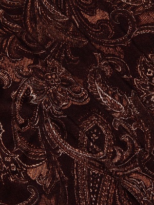 Close-up of a dark brown stretch jersey knit with intricate paisley in light brown and reddish hues, featuring swirling floral and leaf motifs—ideal for the L'AGENCE Ressi Fitted Tee.