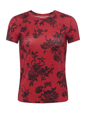 The L’AGENCE Ressi Fitted Tee is a red short-sleeve t-shirt featuring an allover black and burgundy floral print.
