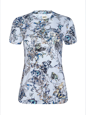 The Ressi Fitted Tee is a short-sleeved, light blue butterfly print t-shirt with an intricate all-over design, made from stretch jersey. This tee features a round neckline, slim cut, and flattering fitted shape.