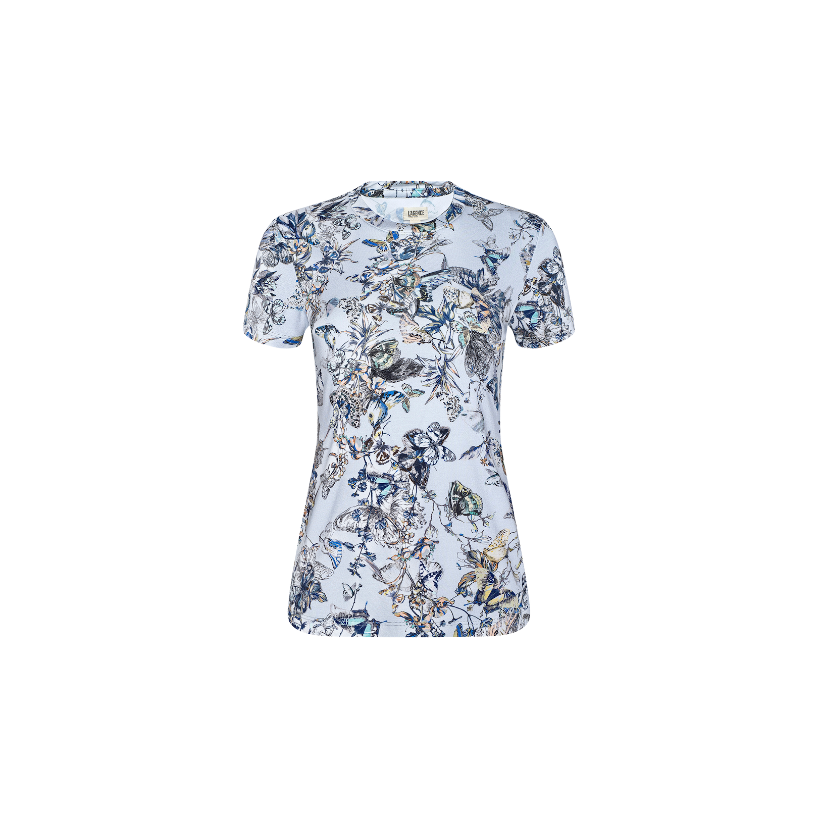 The Ressi Fitted Tee is a light blue women’s short-sleeve t-shirt featuring an intricate floral and leaf pattern in shades of blue, green, and beige. Crafted from soft stretch jersey knit for comfort, it offers a flattering slim fit and is shown against a plain white background.