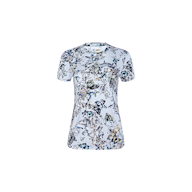 The Ressi Fitted Tee is a light blue women’s short-sleeve t-shirt featuring an intricate floral and leaf pattern in shades of blue, green, and beige. Crafted from soft stretch jersey knit for comfort, it offers a flattering slim fit and is shown against a plain white background.