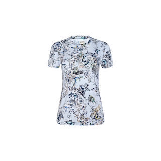 The Ressi Fitted Tee is a light blue women’s short-sleeve t-shirt featuring an intricate floral and leaf pattern in shades of blue, green, and beige. Crafted from soft stretch jersey knit for comfort, it offers a flattering slim fit and is shown against a plain white background.