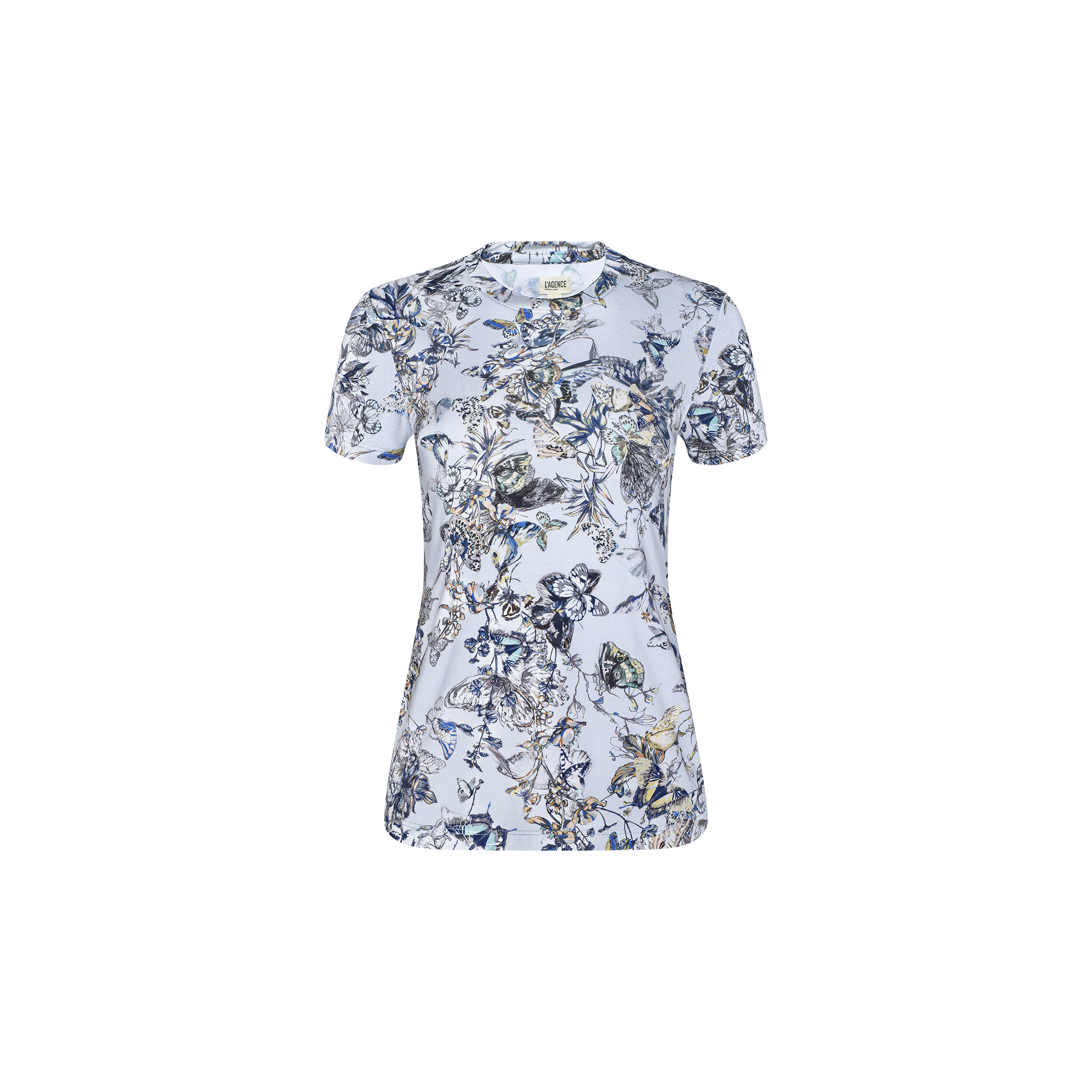 The Ressi Fitted Tee is a light blue women’s short-sleeve t-shirt featuring an intricate floral and leaf pattern in shades of blue, green, and beige. Crafted from soft stretch jersey knit for comfort, it offers a flattering slim fit and is shown against a plain white background.