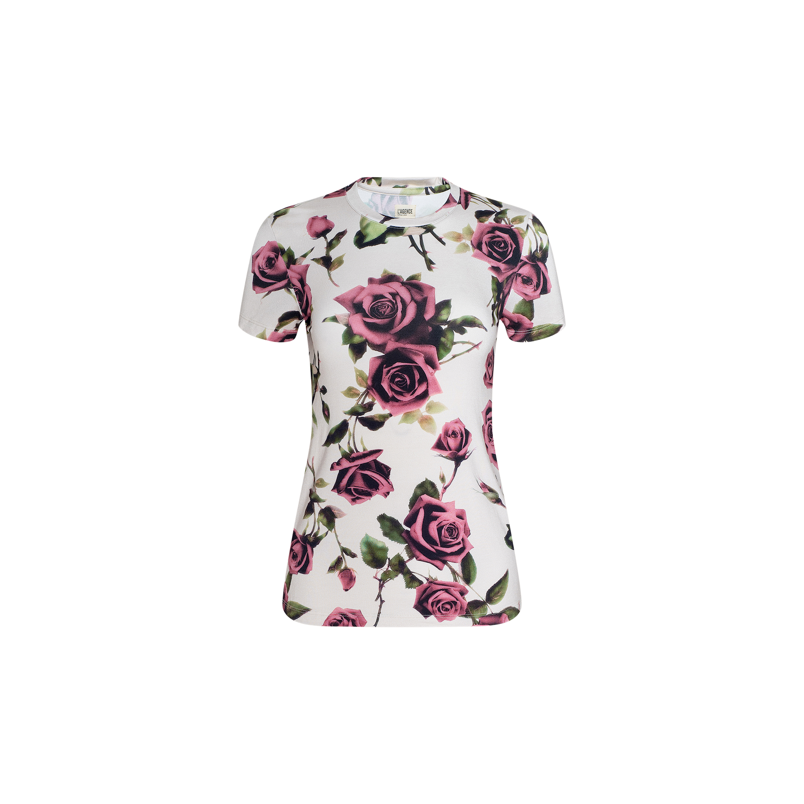 The Ressi Fitted Tee is a short-sleeve white T-shirt adorned with a pattern of large pink roses and green leaves, crafted from stretch jersey knit for comfortable wear and displayed on a plain white background.