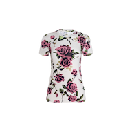 The Ressi Fitted Tee is a white short-sleeve T-shirt featuring a pink rose floral print with green leaves scattered across the fabric, crafted from stretch jersey knit for a comfortable fit.